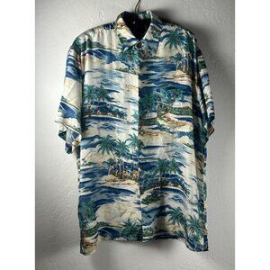 Silk Icon Shirt Men Large Button Up Short Sleeve Hawaiian Tropical Pocket Casual